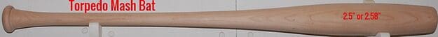 Wooden baseball bat with red text labels.