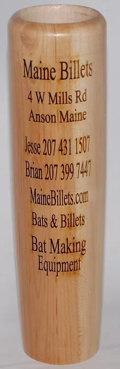 Wooden bat with engraved contact information.