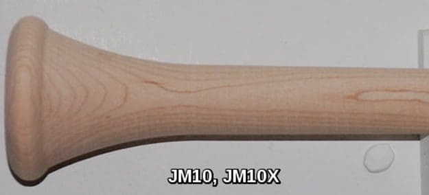 Wooden baseball bat handle, labeled JM10, JM10X.